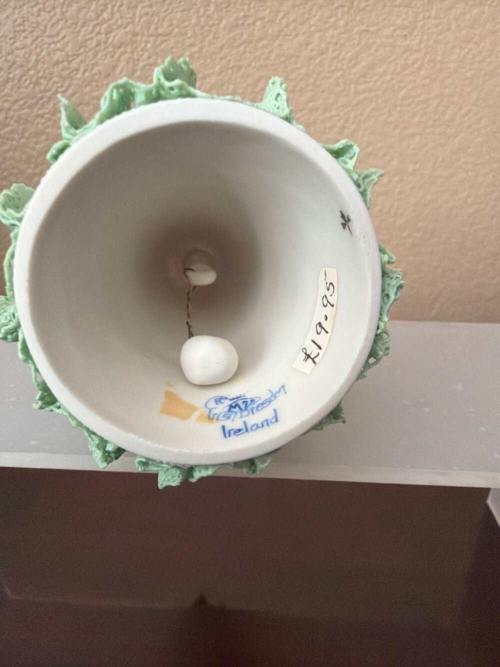 Vintage Irish Dresden Green Porcelain Lace Christmas Tree Bell MV Ireland 4.5"H - Picture 2 of 10